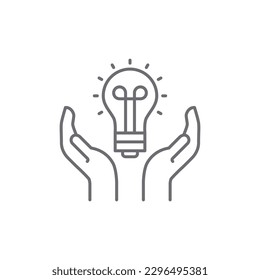 Icono lineal vectorial relacionado con el ahorro de energía. Abrir palmas con el icono de la línea de la bombilla. Economía de la electricidad. Ilustración de contorno vectorial Aislada en fondo blanco. Trazo editable