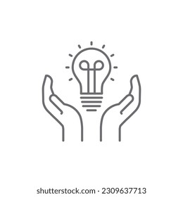 Energy saving related vector linear icon. Open palms with light bulb line icon. Electricity economy. Vector outline illustration Isolated on white background. Editable stroke