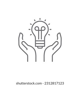 Energy saving related vector linear icon. Open palms with light bulb line icon. Electricity economy. Vector outline illustration Isolated on white background. Editable stroke