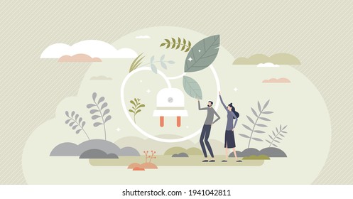 Energy saving socket as low electricity power consumption tiny person concept. Environmental green energy or efficient resources usage vector illustration. Sustainable home appliance plug with A class