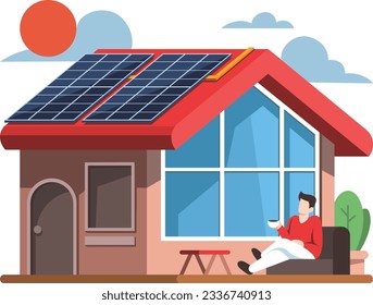 Energy Saving with Solar Cell Roof Relaxing Outdoors Vector Illustration