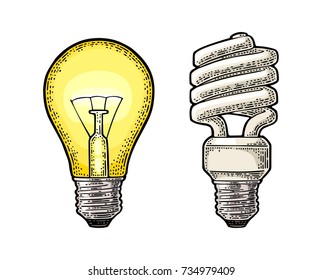 Energy saving spiral lamp and glowing light incandescent bulb. Vector vintage color engraving illustration on white background