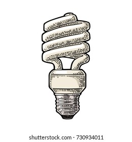 Energy saving spiral lamp. Vector vintage color engraving illustration on white background