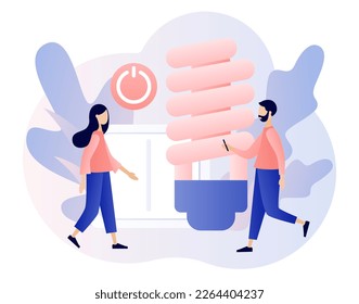 Energy saving. Sustainability concept. Reduce energy consumption at home. Tiny people unplug appliances and use energy saving light bulb. Modern flat cartoon style. Vector illustration