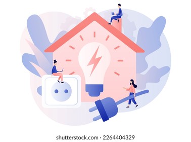 Energy saving. Sustainability concept. Tiny people unplug appliances and use energy saving light bulb. Reduce energy consumption at home. Modern flat cartoon style. Vector illustration on white backgr