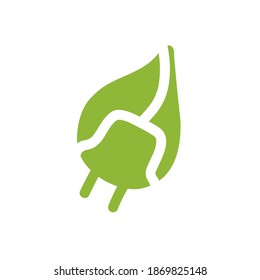 Energy saving symbol. Green sign of recycling, eco, ecology, technology, earth care. Electrical plug, cable, leaf isolated on white background. Energy fresh trend clipart. Vector plants illustration