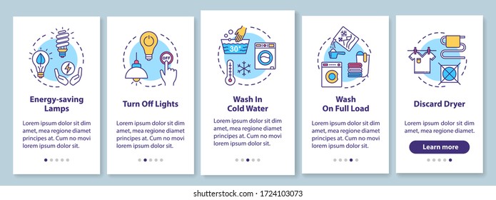 Energy saving tips onboarding mobile app page screen with concepts. Saving money on water and electricity walkthrough five steps graphic instructions. UI vector template with RGB color illustrations