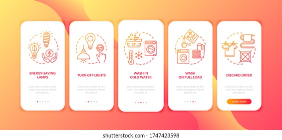 Energy saving tips onboarding mobile app page screen with concepts. Resource efficient lifestyle walkthrough five steps graphic instructions. UI vector template with RGB color illustrations