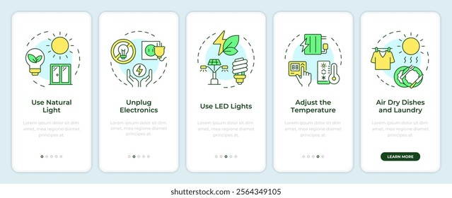 Energy saving tips onboarding mobile app screen. Power using walkthrough 4 steps editable graphic instructions with linear concepts. UI, UX, GUI template