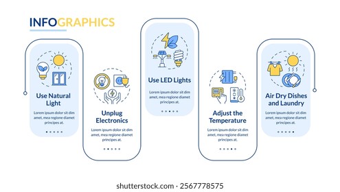 Energy saving tips rectangle infographic vector. Consumption of electrical power. Sustainability. Data visualization with 5 steps. Editable rectangular options chart