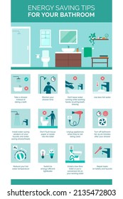 Energy saving tips for your bathroom: how to lower your utility bills and make your life more environmentally friendly, bathroom interior and icons set