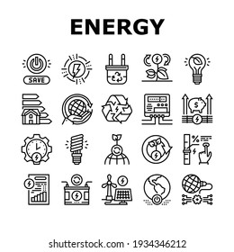 Energy Saving Tool Collection Icons Set Vector. Solar Panel And Electric Meter Energy Saving Equipment, Ecology Removal And Recycling Black Contour Illustrations