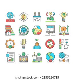 Energy Saving Tool Collection Icons Set Vector. Solar Panel And Electric Meter Energy Saving Equipment, Ecology Removal And Recycling Concept Linear Pictograms. Contour Color Illustrations
