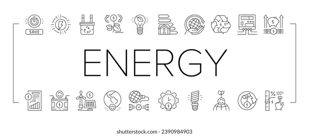 Symbole der Sammlung von Energiesparwerkzeugen setzen Vektorgrafik. Solarpaneele und elektrische Zählergeräte, energiesparende Geräte, Umweltsanierung und Recycling von Schwarzen Kontrastmitteln