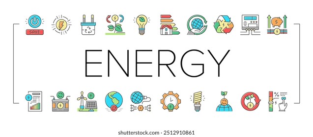 Conjunto de ícones de coleção da ferramenta de economia de energia Set Vetor. Painel Solar E Equipamento De Economia De Energia De Contadores Elétricos, Remoção Ecológica E Reciclagem Conceito De Pictogramas Lineares. Ilustrações de cores de contorno