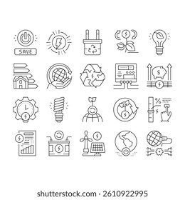 Energy Saving Tool Collection Icons Set Vector. Solar Panel And Electric Meter Energy Saving Equipment, Ecology Removal And Recycling Black Contour Illustrations