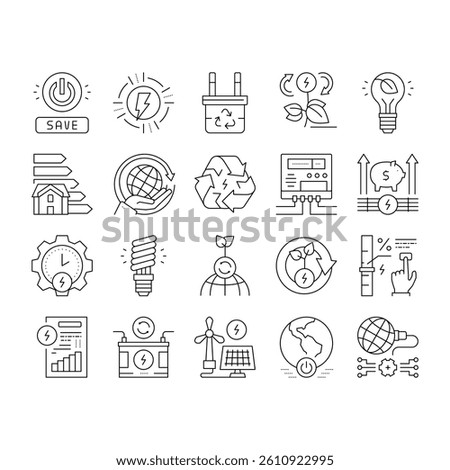 Energy Saving Tool Collection Icons Set Vector. Solar Panel And Electric Meter Energy Saving Equipment, Ecology Removal And Recycling Black Contour Illustrations