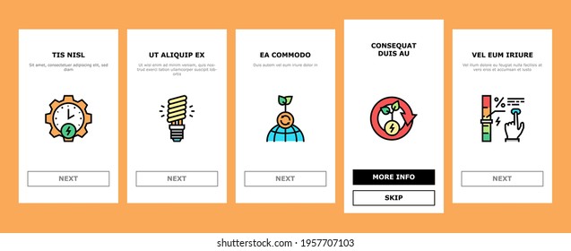 Energy Saving Tool Onboarding Mobile App Page Screen Vector. Solar Panel And Electric Meter Energy Saving Equipment, Ecology Removal And Recycling Illustrations