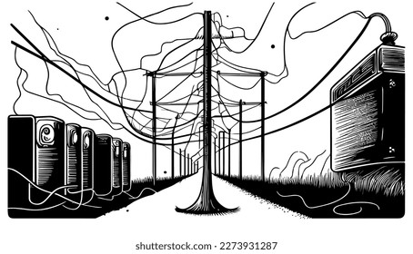 Energy saving vector black line illustration isolated white. Sketch art