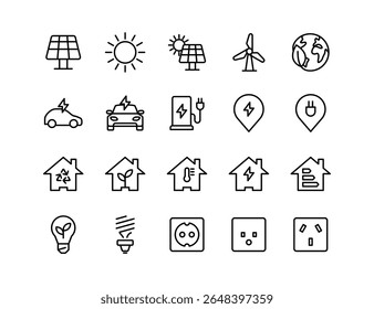 Energy Saving Vector Icon Set | Adjustable Line Weight | Solar panel, wind turbine, electric car, eco home, charger, renewable, plug, sustainability, energy, power icons