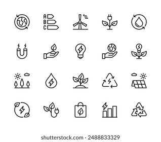 Conjunto de iconos lineales de Vector de ahorro de energía. Contiene iconos como ahorro de energía, eficiencia, energía verde, costos de energía y más. Icono aislado colección de sobre fondo blanco.