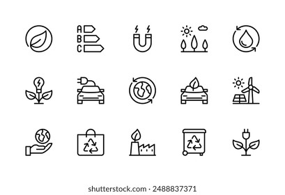 Conjunto de iconos lineales de Vector de ahorro de energía. Colección de iconos aislados como la eficiencia, la energía verde, la energía renovable, los paneles solares y más. Icono aislado colección de ahorro de energía relacionado.