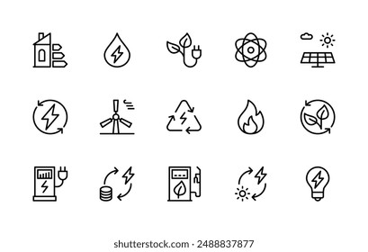 Energy saving vector linear icons set. Isolated icon collection such as smart House, water, green energy, renewable, solar energy and more. Isolated icon collection of energy saving related.