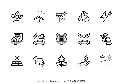 Energy saving vector linear icons set. Isolated icon collection such as green energy, wind energy, solar panels, wind, cycle, electric car and more. Isolated icon collection of energy saving related.