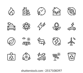 Energy saving vector linear icons set. Contains such icons as solar panels, wind turbines, smart house, smart grids, energy and more. Isolated icon collection of energy saving on white background.