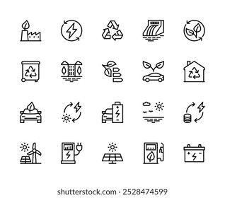 Conjunto de ícones lineares do vetor de economia de energia. Contém ícones como carro elétrico, solar, vento, energia da água, bateria e muito mais. Ícone isolado da coleção de economia de energia no fundo branco.