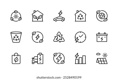 Energy saving vector linear icons set. Isolated icon collection such as solar, green, electric car, renewable energy, Earth and more. Isolated icon collection of energy saving related.