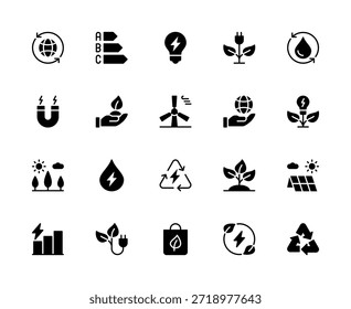 Energy saving vector silhouette icons set. Contains such icons as Earth, arrows, mill, energy, bulb, leaf, tree, magnet, drop and more. Isolated icon collection of energy saving on white background.