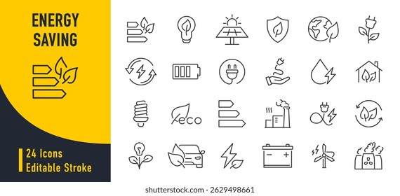Energy Saving web icons in line style. Green energy, ecology, electricity, collection. Vector illustration.