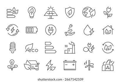 Energy Saving web icons in line style. Green energy, ecology, electricity, collection. Vector illustration.