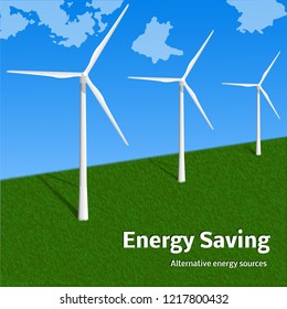 Energy saving wind turbine concept background. Realistic illustration of energy saving wind turbine vector concept background for web design