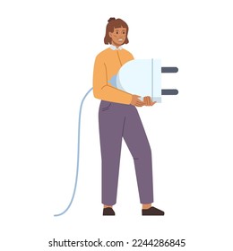 Energy saving, woman with cord, socket plug. Vector flat cartoon illustration of female connecting plug in or cable, disconnected cable, energy resources saving concept