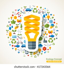 Energy saving yellow light bulb symbol. Vector concept illustration with icons of ecology, environment and pollution. Eco Technology.