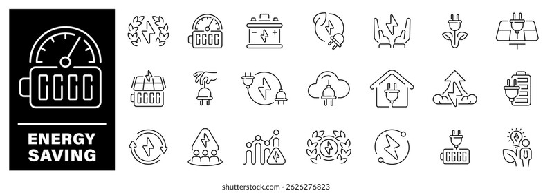 Energy savings vector icons. Energy savings icons set in line style. Energy, power, save, electric, electricity related icons