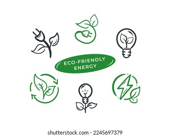 Energy Savings Vector Line Icons Doodles. Set of Eco-Friendly Energy Concept Illustration Drawings