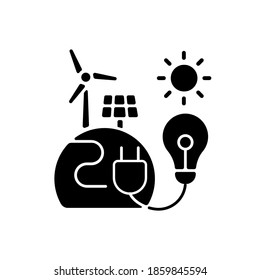 Energy Sector Black Glyph Icon. Renewable Energy Facilities. Solar And Wind Farms. Electricity Generation. Environmental Impact. Silhouette Symbol On White Space. Vector Isolated Illustration