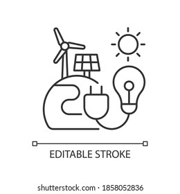 Energy sector linear icon. Renewable-energy facilities. Solar, wind farm. Electricity generation. Thin line customizable illustration. Contour symbol. Vector isolated outline drawing. Editable stroke