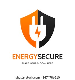 Energy secure or protection with shield and plug vector logo template