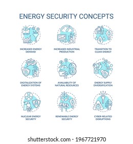 Energy security concept icons set. Access energy resources idea thin line RGB color illustrations. System digitalization. Supply diversification. Vector isolated outline drawings. Editable stroke