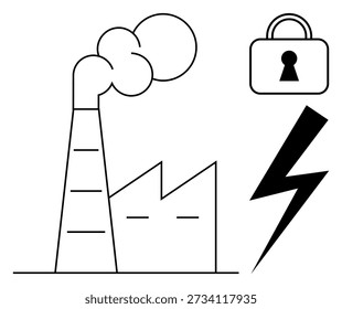 Seguridad energética, seguridad industrial, protección de datos, energías renovables, suministro eléctrico, impacto ambiental. Pila de humo de fábrica y símbolo de bloqueo . Seguridad energética y seguridad industrial