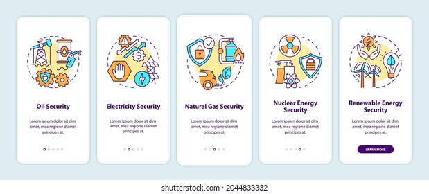 Energy security types onboarding mobile app page screen with concepts. Oil, electricity security walkthrough 5 steps graphic instructions. UI, UX, GUI vector template with linear color illustrations
