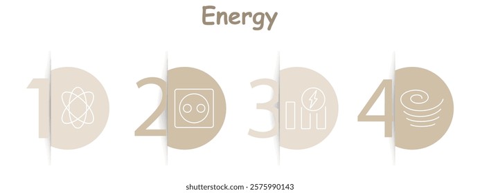 Energy set icon. Atom, power outlet, bar graph with lightning bolt, spiral, electricity, energy sources, renewable power, statistics