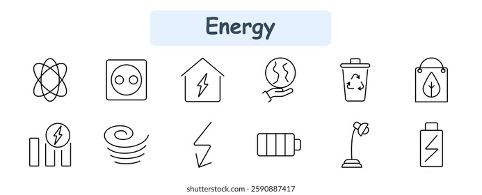 Energy set icon. Atom, power outlet, electric house, global warming, recycling bin, eco bag, energy chart, hurricane, lightning, battery, solar lamp, power storage.