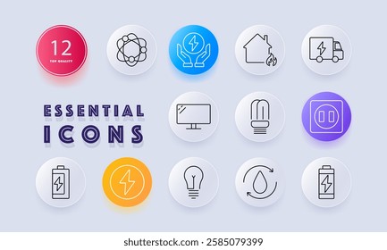 Energy set icon. Atomic structure, energy conservation, house fire, electric truck, monitor, light bulb, power outlet, battery, efficiency, renewable energy, sustainability, electricity
