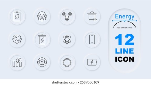 Energy set icon. Battery, gear, people connection, podium, trash can with lightning, atom, smartphone, leaf in gear, analytics, eye, ring, battery charge