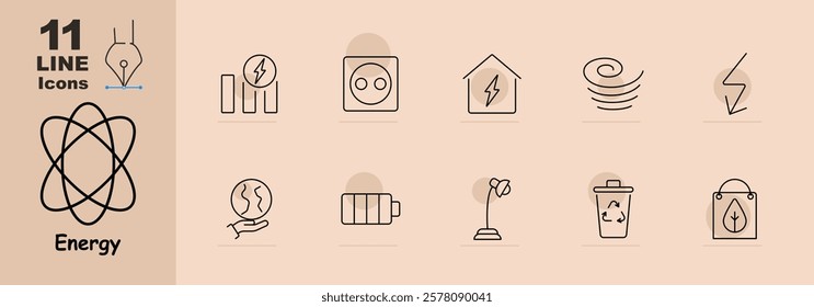 Energy set icon. Battery levels, electrical socket, energy-efficient home, wind, lightning bolt, globe, battery, desk lamp, recycling bin, and eco-friendly bag. Sustainable energy and efficiency.